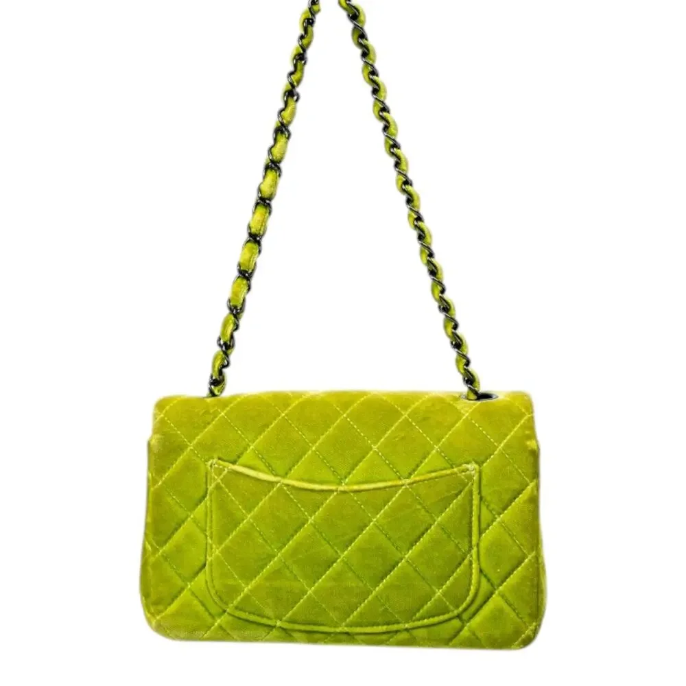 Chanel Velvet Quilted Interlocking CC Classic Flap Small Shoulder Bag Green - Picture 2 of 3